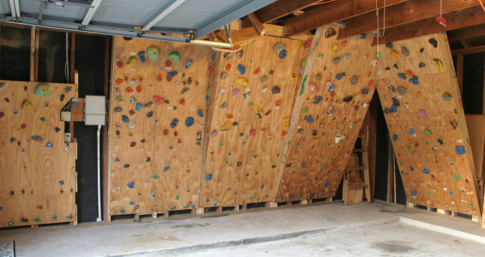 Home-built, home-made climbing wall in our garage